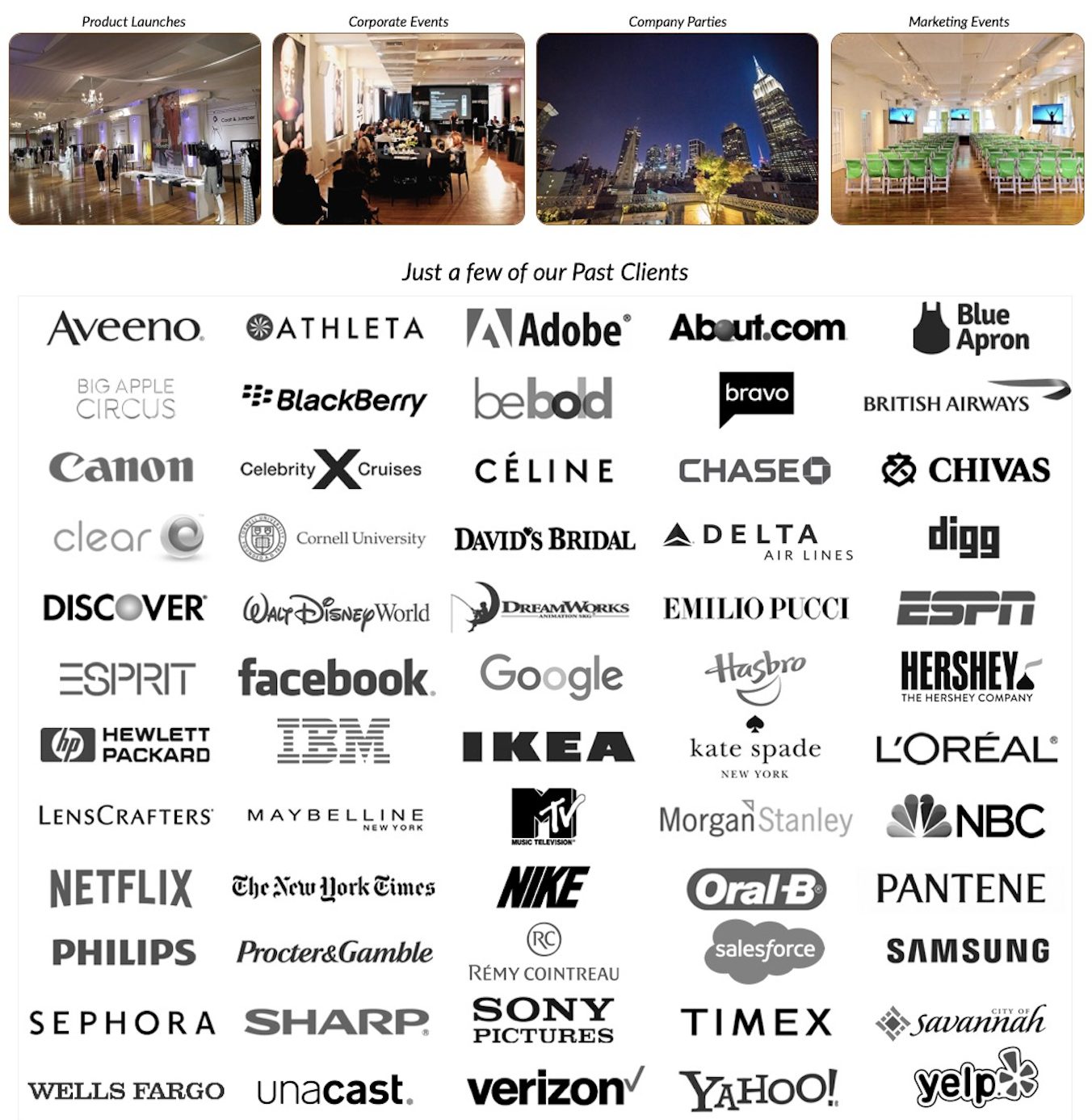 A selection of corporate clients that have hosted events at Midtown Loft & Terrace