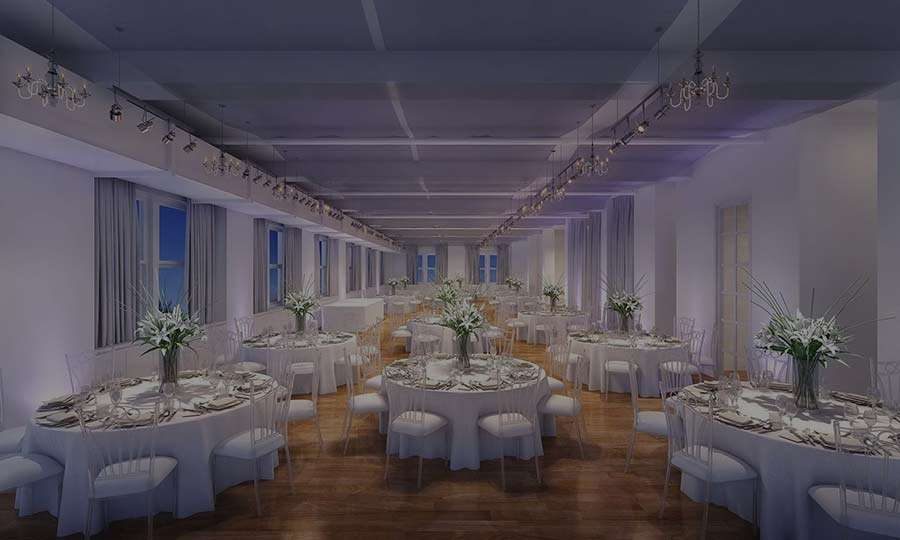 The Loft set for a seated dinner beneath high ceilings