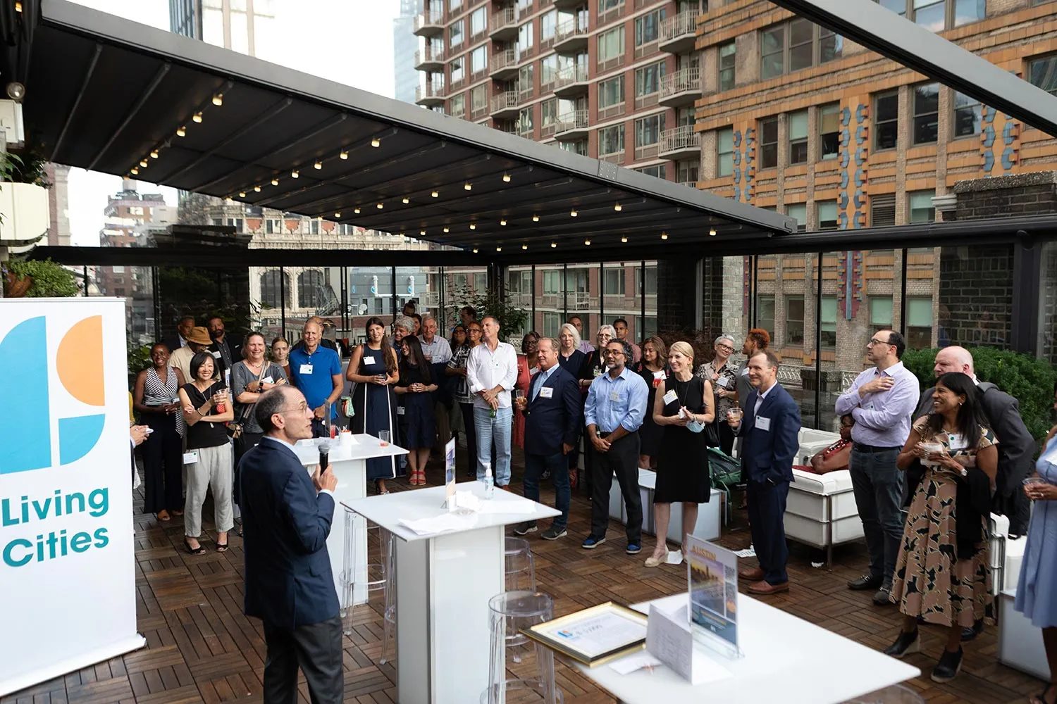 A corporate reception on the Terrace beneath the retractable roof