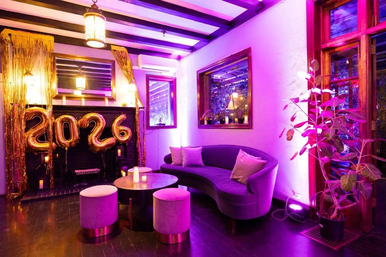 The fireplace lounge dressed for a private party